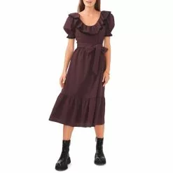 Outlet 🔔 Chelsea & Violet Ruffle Scoop Neck Short Puff Sleeve Check Print Midi 👗 Dress Merlot Multi 🧨