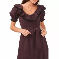 Outlet 🔔 Chelsea & Violet Ruffle Scoop Neck Short Puff Sleeve Check Print Midi 👗 Dress Merlot Multi 🧨 -Chelsea Violet Sales unnamed file 1058