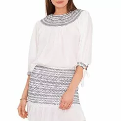 Best Pirce ❤️ Chelsea & Violet Embroidered Crew Neck Tassel Tie 3/4 Puff Sleeve Coordinating Smocked Top Ultra White 😍