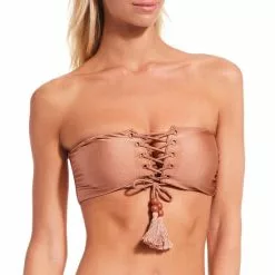 Cheapest ⭐ Chelsea & Violet Shiny Jersey Knit Lace Up Beaded Tassel Bandeau Swim Top Taupe 😉 -Chelsea Violet Sales unnamed file 1206