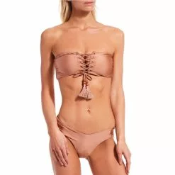 Cheapest ⭐ Chelsea & Violet Shiny Jersey Knit Lace Up Beaded Tassel Bandeau Swim Top Taupe 😉 -Chelsea Violet Sales unnamed file 1210