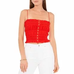 Coupon 🎁 Chelsea & Violet Sleeveless Square Neck Elastic Smocked Ruffle Hem Button Front Crop Top Flame Scarlet 🎉