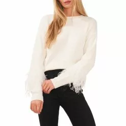 Best Pirce 😍 Chelsea & Violet Long Sleeve Crew Neck Ostrich Feather Sweater Antique White ⌛ -Chelsea Violet Sales unnamed file 13