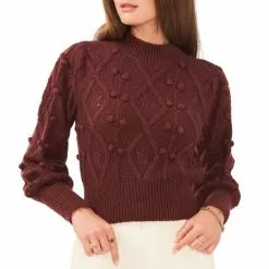 Cheap 🥰 Chelsea & Violet Mock Neck Long Balloon Sleeve Pom Pom Cable Knit Sweater Bitter Chocolate 🎁