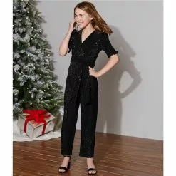 Outlet ✔️ Chelsea & Violet 👧 Girls Big 👧 Girls 7-16 Short Puff Sleeve Sequin Embellished Jumpsuit Black 🔥 -Chelsea Violet Sales unnamed file 197