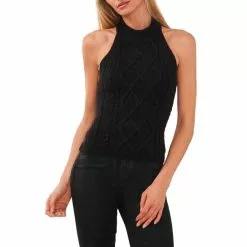 Wholesale 🔥 Chelsea & Violet Sleeveless Cable Knit Bow Tie Open Back Halter Top Rich Black ⭐