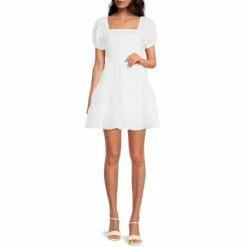 Chelsea Violet Sales 11 Best deal โจ Chelsea & Violet Square Neck Short Puff Sleeve Linen Tie Back Detail Ruffle Tiered Mini ๐ Dress Ultra White ๐