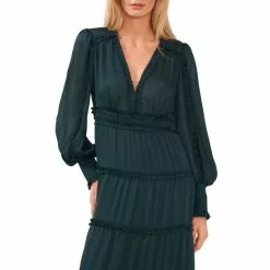 New 👍 Chelsea & Violet Plisse Satin Ruffle Deep V-Neck Long Smocked Cuff Sleeve Tiered Maxi 👗 Dress Champagne Toast 👍 -Chelsea Violet Sales unnamed file 5