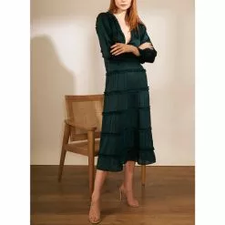 New 👍 Chelsea & Violet Plisse Satin Ruffle Deep V-Neck Long Smocked Cuff Sleeve Tiered Maxi 👗 Dress Champagne Toast 👍 -Chelsea Violet Sales unnamed file 7