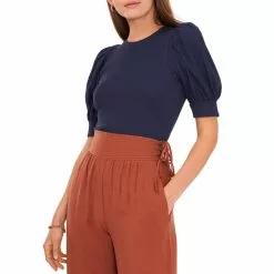 Flash Sale ✔️ Chelsea & Violet Crew Neck Short Puff Sleeve Ribbed Knit Top Classic Navy ✔️