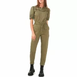 New 🎁 Chelsea & Violet Quilted Yoke Short Puff Sleeve Zip Front Stretch Denim Jumpsuit Olivine 🔥