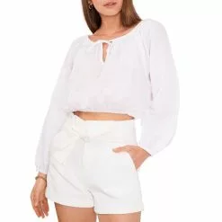 New 😉 Chelsea & Violet Linen Tie Round Neck Long Raglan Sleeve Elastic Hem Crop Top Buttercup ⭐