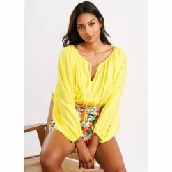 New 😉 Chelsea & Violet Linen Tie Round Neck Long Raglan Sleeve Elastic Hem Crop Top Buttercup ⭐ -Chelsea Violet Sales unnamed file 862