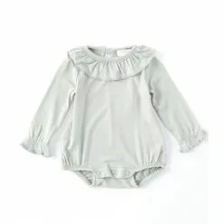 Best Sale 🎉 Chelsea & Violet Baby 👧 Girls Newborn-9 Months Ruffle Neck Long Sleeve Romper Dusty Green ✨