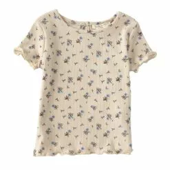 New 👍 Chelsea & Violet Baby 👧 Girls 12-24 Months Floral Printed Ribbed Short Sleeve Lettuce Edge Tee Beige 🎁