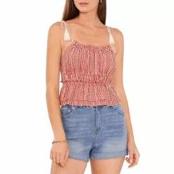 Deals 🔔 Chelsea & Violet Scoop Neck Tie Shoulder Ruffe Tiered Hem Sleeveless Gingham Print Top Deep Scarlet 😀