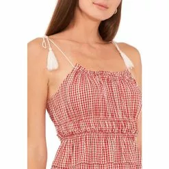 Deals 🔔 Chelsea & Violet Scoop Neck Tie Shoulder Ruffe Tiered Hem Sleeveless Gingham Print Top Deep Scarlet 😀 -Chelsea Violet Sales unnamed file 946