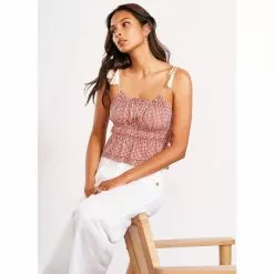 Deals 🔔 Chelsea & Violet Scoop Neck Tie Shoulder Ruffe Tiered Hem Sleeveless Gingham Print Top Deep Scarlet 😀 -Chelsea Violet Sales unnamed file 947