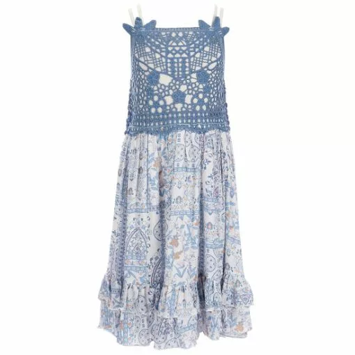 Promo ✨ Chelsea & Violet Big 👧 Girls 7-16 Sleeveless Square Neck Smocked Back Lace Trim Ruffle Hem Printed 👗 Dress Blue ⌛ -Chelsea Violet Sales unnamed file 955