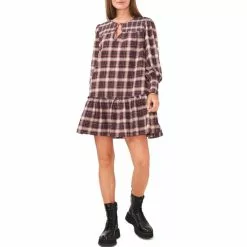 Best Pirce 😀 Chelsea & Violet Plaid Print Smocked Yoke Long Sleeve Tiered Ruffle Hem Mini Shift 👗 Dress Ivory Multi ❤️